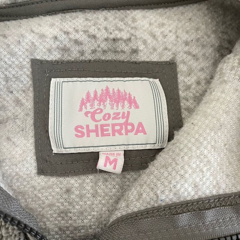 Cozy Sherpa Quarter-Zip Jacket Women's Medium Ivory Grey Gingham Plaid Pullover - Picture 11 of 13